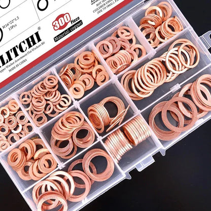 Copper Washer Gasket Set – 100/300/400pcs Flat Sealing Rings Assortment Kit for Nuts, Bolts & Sump Plug Repairs