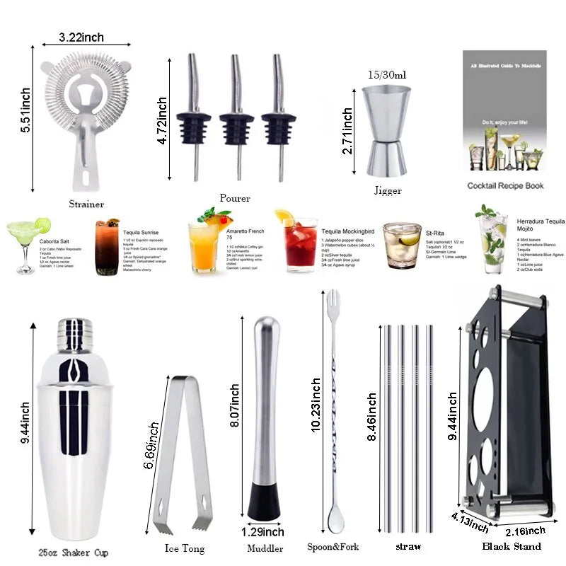 13-22Pcs Boston Cocktail Shaker Set - 750ml & 600ml Bar Tools, Wine Mixer Kit with Holder - Professional Bartender Tool Kit