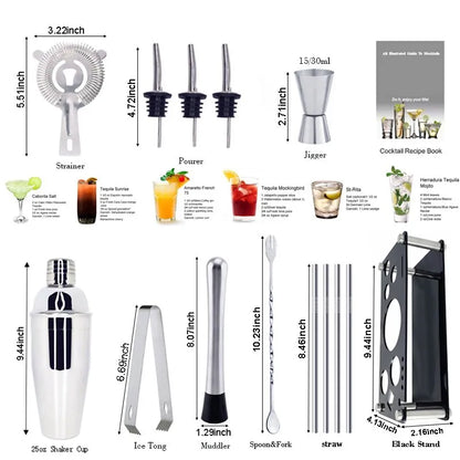 13-22Pcs Boston Cocktail Shaker Set - 750ml & 600ml Bar Tools, Wine Mixer Kit with Holder - Professional Bartender Tool Kit