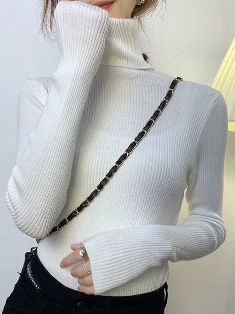 ZOKI New 2023 Women's Turtleneck Pullover Sweater - Slim Fit, Long Sleeve Elastic Jumper, Simple Korean Style Solid Color Top
