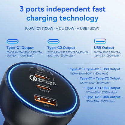 Baseus 160W Car Charger – QC 5.0 Fast Charging PPS PD 3.0 USB-C Multi-Port Car Charger for iPhone 15/14/13 Pro, Laptops & Tablets Quick Charge Adapter