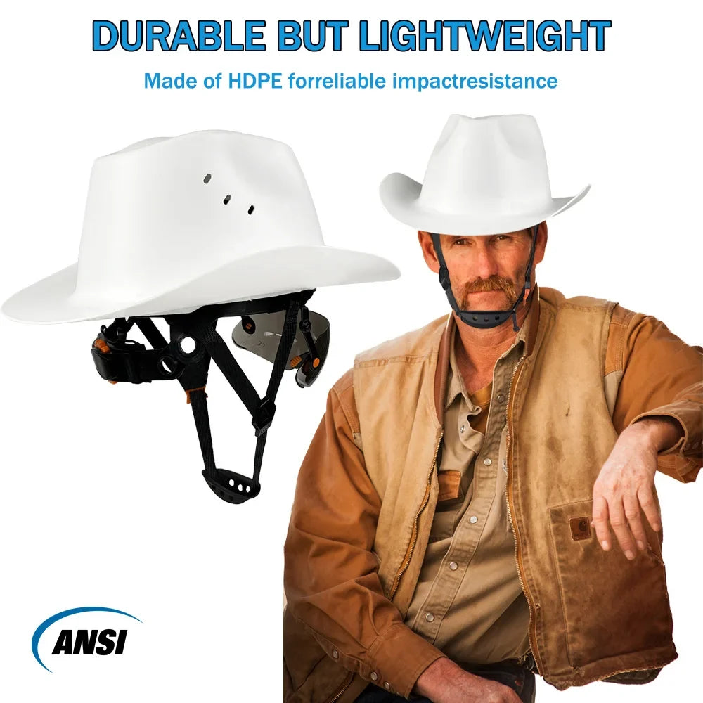 Cowboy Safety Helmet with Sunglasses - Wide-Brim HDPE Hard Hat for Construction Work