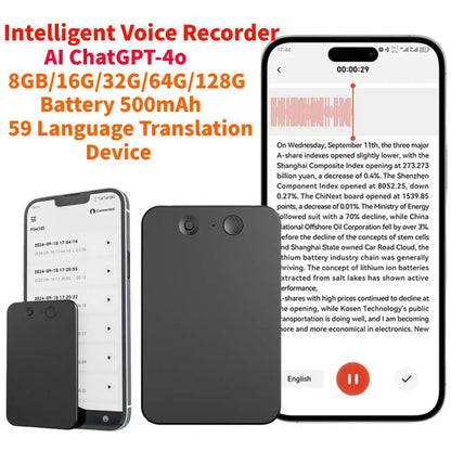 AI ChatGPT-4o Intelligent Voice Recorder — Noise Reduction Audio Dictaphone with 59 Languages Translation & Summarize, 8-128GB Storage
