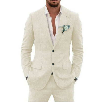 Men's Linen Suit Set - Slim Fit Notched Lapel 2 Piece Wedding & Beach Tuxedo Outfit For Summer Casual Formal Wear