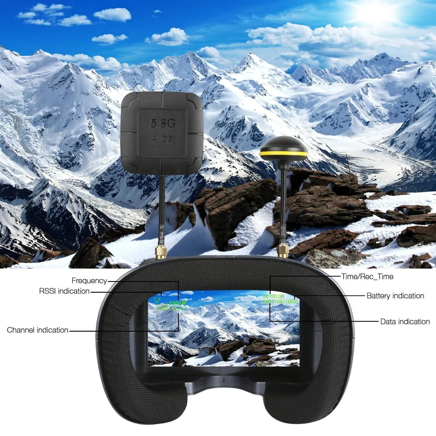 008D 5.8G 40CH 4.3" HD FPV Goggles with DVR & Battery – Diversity Video Headset for RC Drone EV800D