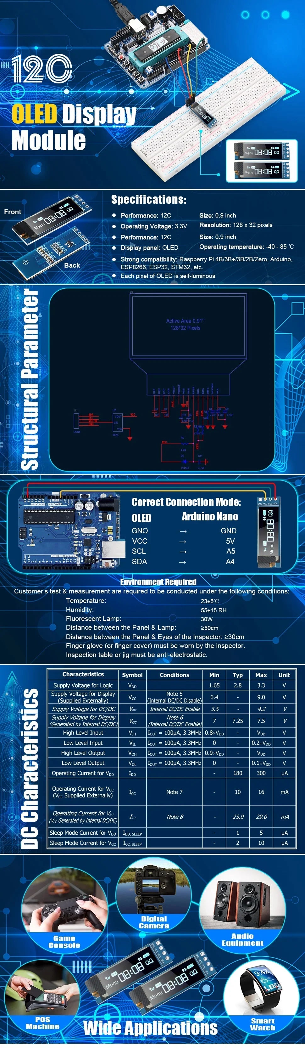 0.96 Inch OLED Display Module | SSD1306 I2C IIC SPI Serial 128x64 LCD for Arduino with Soldered Pin Headers
