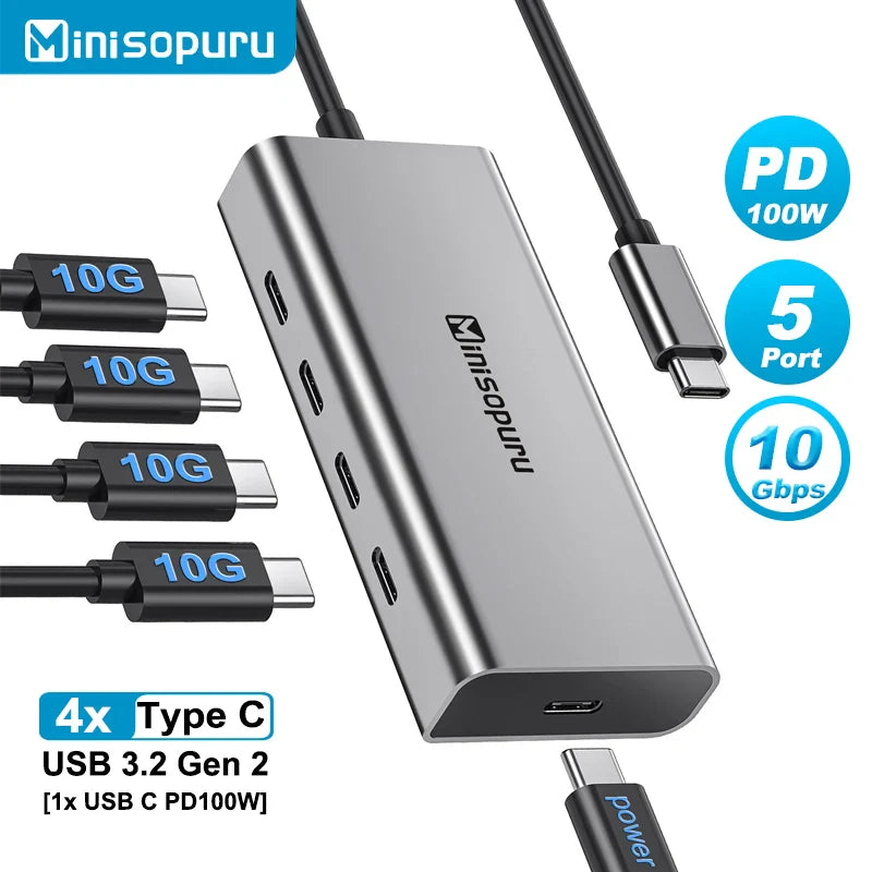 Minisopuru USB C Hub 10Gbps – USB 3.2 Type-C to USB Adapter with 100W PD for MacBook Pro, iMac & PC Accessories