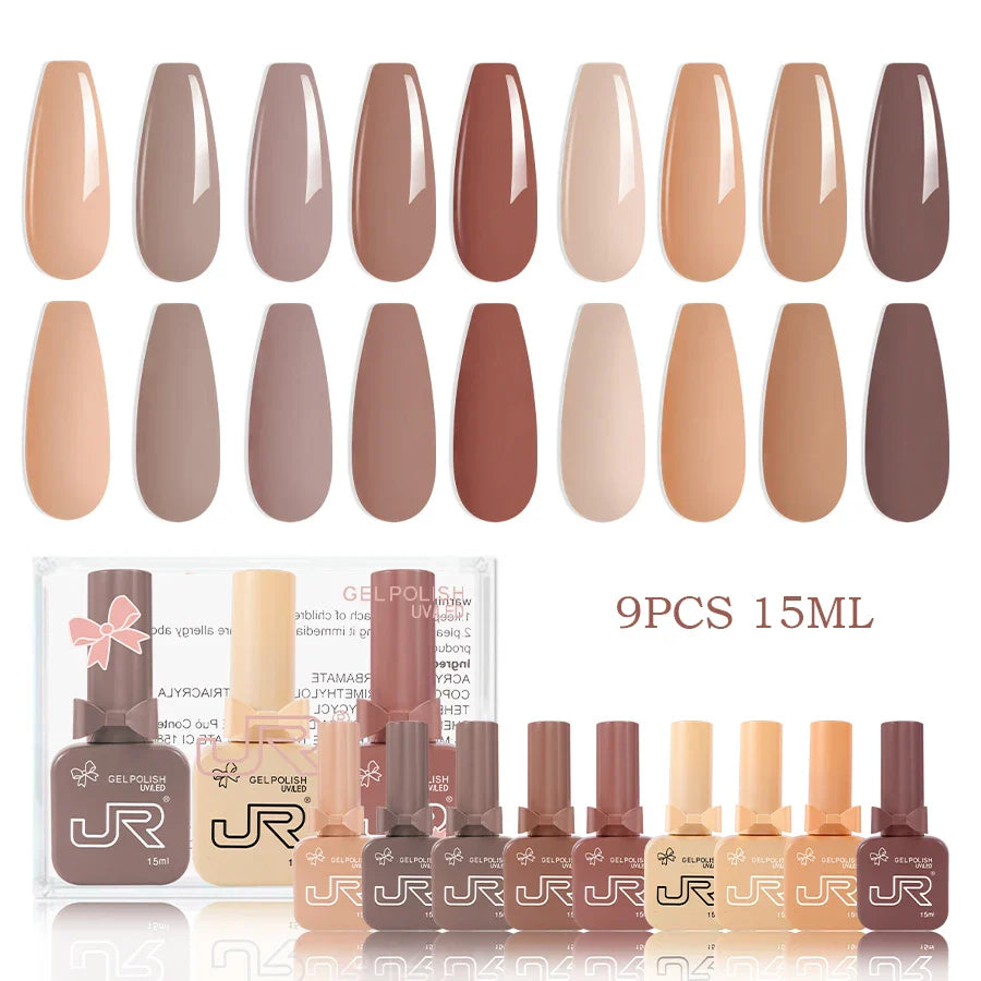 JR 9pcs Gel Nail Polish Set 15ml – Red, Pink, Nude UV LED Soak-Off Kit with Top & Base Coat for DIY Manicure & Gifts