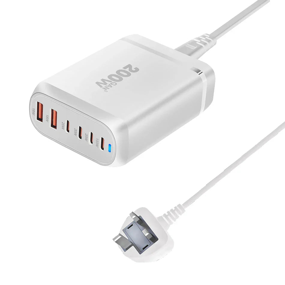UHOMEBUY 200W GaN Desktop Charger - 6-Port USB Type C with 100W PD & Quick Charge 3.0 Fast Mobile Charger
