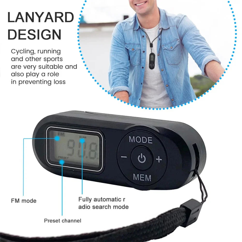 Pocket FM Radio – Portable Sports Receiver 64-108MHz with LCD Display, 3.5mm Earphones & Neck Lanyard