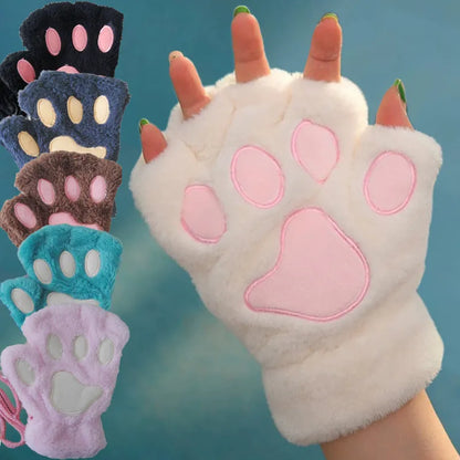 Cartoon Cute Cat Claw Paw Gloves - Women's Plush Mittens for Warmth and Style - Soft, Fingerless, Fluffy Bear Cat Costume Gloves