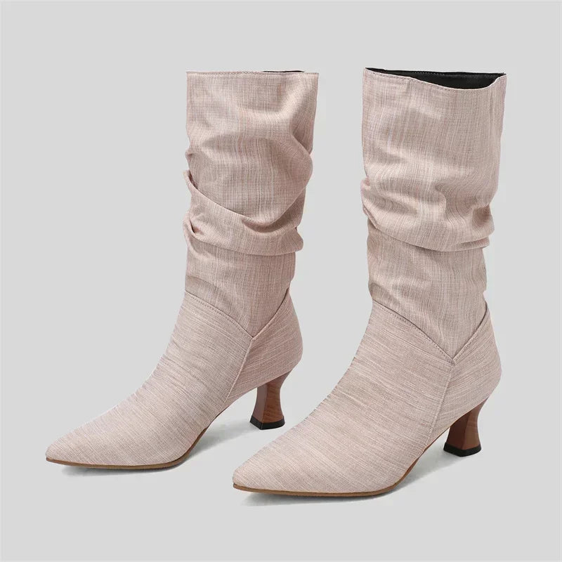 Women’s Winter Pleated Denim Mid-Calf Boots – Pointed Toe Slip-On Slouch Boots with Kitten Heels for Party & Club (Blue, Red, Black)