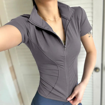 Women’s Waist Slimming Yoga Training Top – Quick-Dry Short Sleeve Zip-Up Stand Collar Fitness Shirt for Summer Workout & Sports