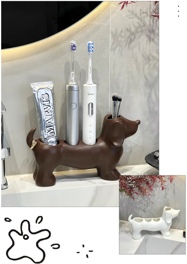 Dachshund Ceramic Toothbrush Holder – Electric Toothbrush Storage Rack and Bathroom Sink Organizer with Toothpaste Holder