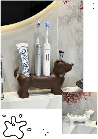 Dachshund Ceramic Toothbrush Holder – Electric Toothbrush Storage Rack and Bathroom Sink Organizer with Toothpaste Holder