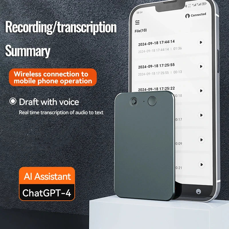 AI-Powered ChatGPT-4 Phone Call Recorder – Mini Audio Voice Recorder, Transcribe & Summarize, 58 Language Translator, Audio Dictaphone