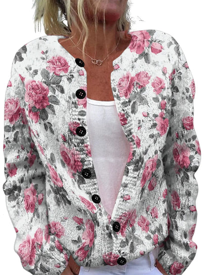 Women’s 3D Print Knitted Cardigan - Autumn Winter Vintage Thin Sweater Casual Fashion Knit Top