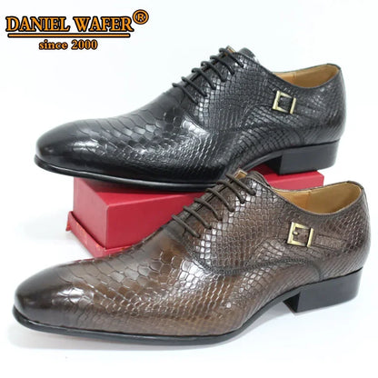 Men's Luxury Oxford Shoes - Snake Skin Print Leather Pointed Toe Lace-Up Formal Dress Shoes