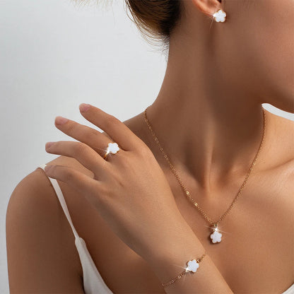 Lucky Five-Petal Flower & Clover Bracelet, Earrings, Necklace Set – Stylish Women's Party Jewelry Accessories