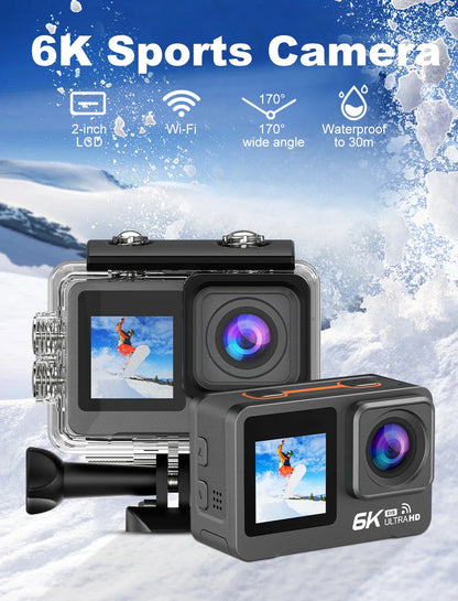 6K 4K60FPS Action Camera – 50MP Dual Screen, 2.0" Touch LCD, EIS, WiFi, 170° Lens, 30M Waterproof, 5X Zoom with Remote