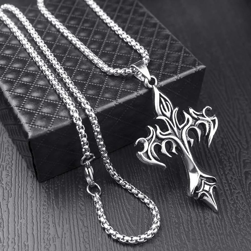 Stainless Steel Flame Retro Cross Necklace – Titanium Steel Casting Pendant for Men, Stylish Vintage Design
