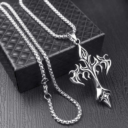 Stainless Steel Flame Retro Cross Necklace – Titanium Steel Casting Pendant for Men, Stylish Vintage Design