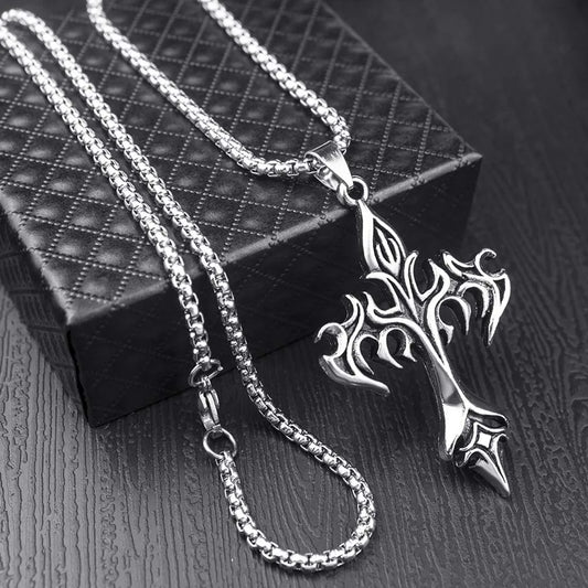 Stainless Steel Flame Retro Cross Necklace – Titanium Steel Casting Pendant for Men, Stylish Vintage Design