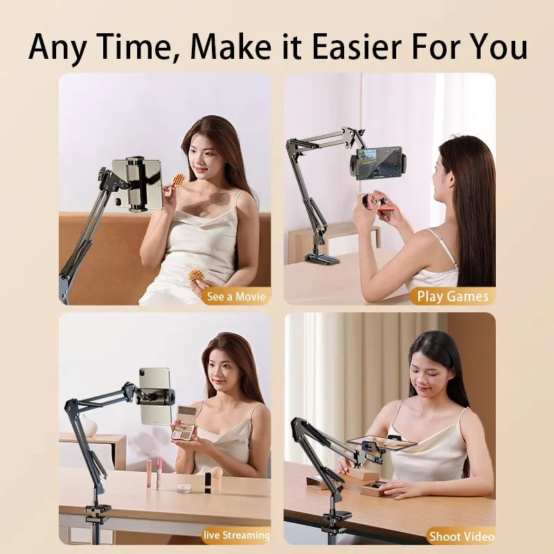 Rotatable Tablet & Phone Stand: Long Arm Metal Holder, 180° Adjustable for iPad Pro, Xiaomi Tablet | Compatible 4-12.9 inches