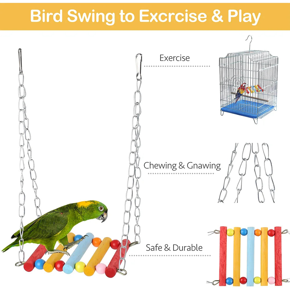 11-Piece Parrot Bird Cage Toy Set - Reliable Chewable Wooden Toys for Parrots, Including Swings, Bridges, Beads, and Shapes