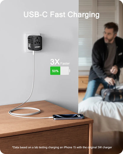 LENCENT International Travel Adapter - All-in-One Wall Charger with 3 USB Ports and 1 Type-C, for US, EU, UK, AUS Travel