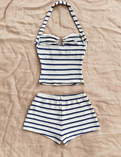 Summer Textured Knit Halter Top & Shorts Set - Classic Nautical Stripe Two-Piece Breathable Outfit