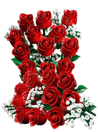 968PCS Romantic Rose Flower Bouquet Building Blocks – Creative DIY Home Desk Plant Decoration Toy for Girls & Ladies