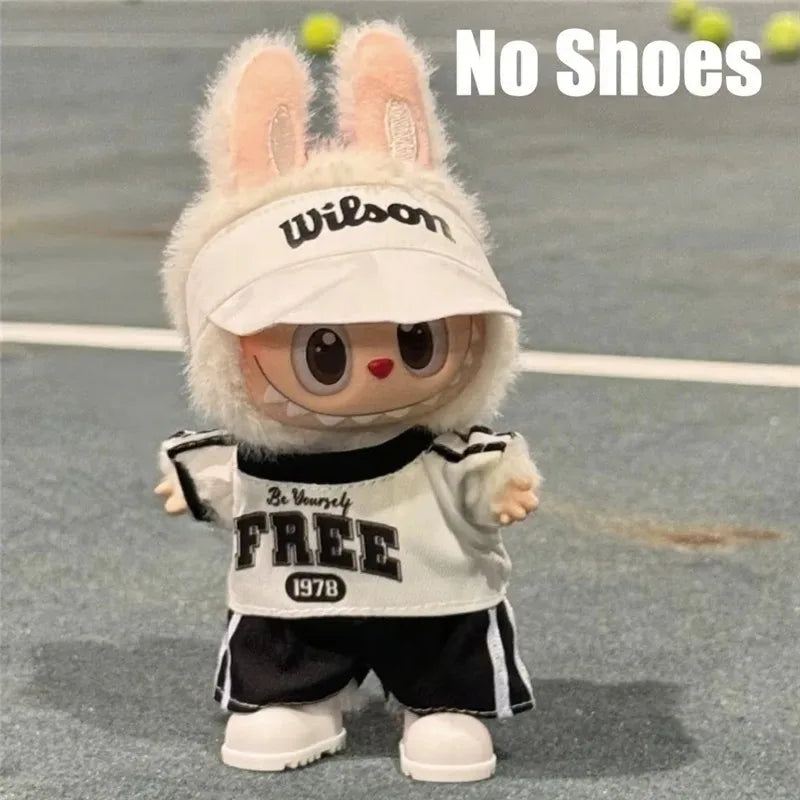 Labubu 15-17cm Doll Sports Outfit – LA Baseball & Trendy Tennis/Badminton Clothing, T-Shirt & Cargo Pants Set