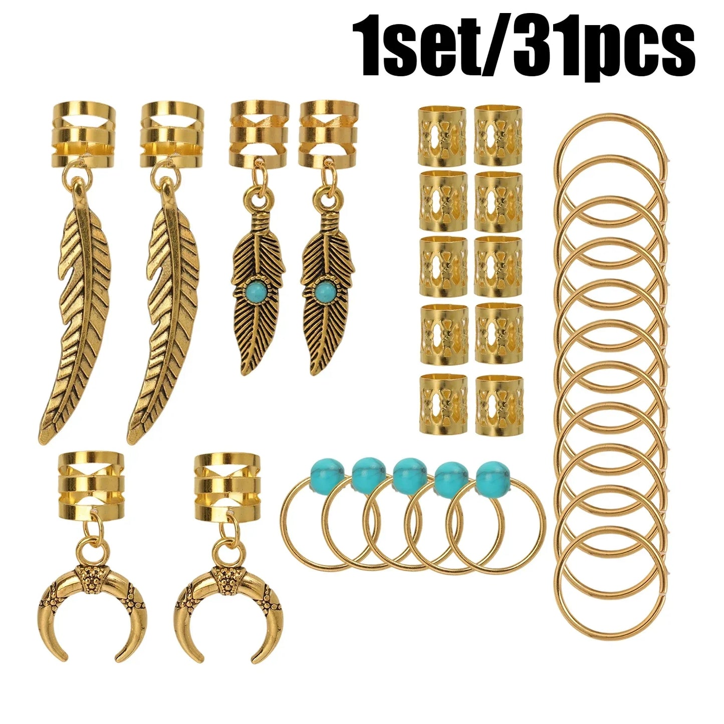31PCS Turquoise Hollow-Out Hair Rings — Dreadlock & Braid Beads, Hair Braid Tubes Charm Jewelry for Styling