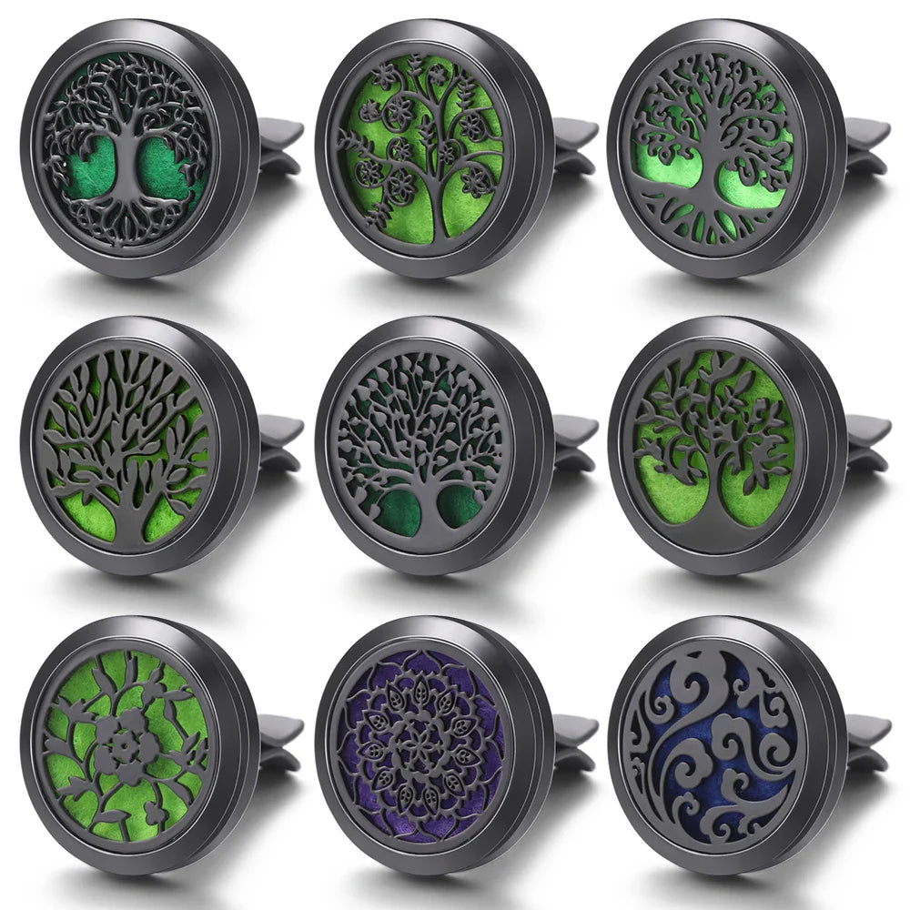 All-Black Tree of Life Car Air Freshener – Stainless Steel Aromatherapy Essential Oil Diffuser Locket Pendant