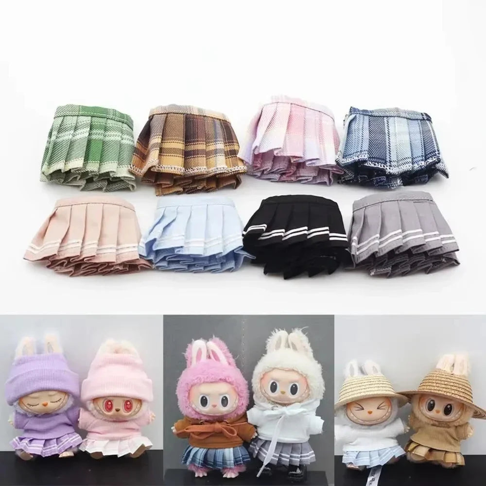 Mini Doll Clothes Outfit Set - Knitting T-shirt, Hat, Pleated Skirt & Uniform for 15-17cm Labubu Dolls