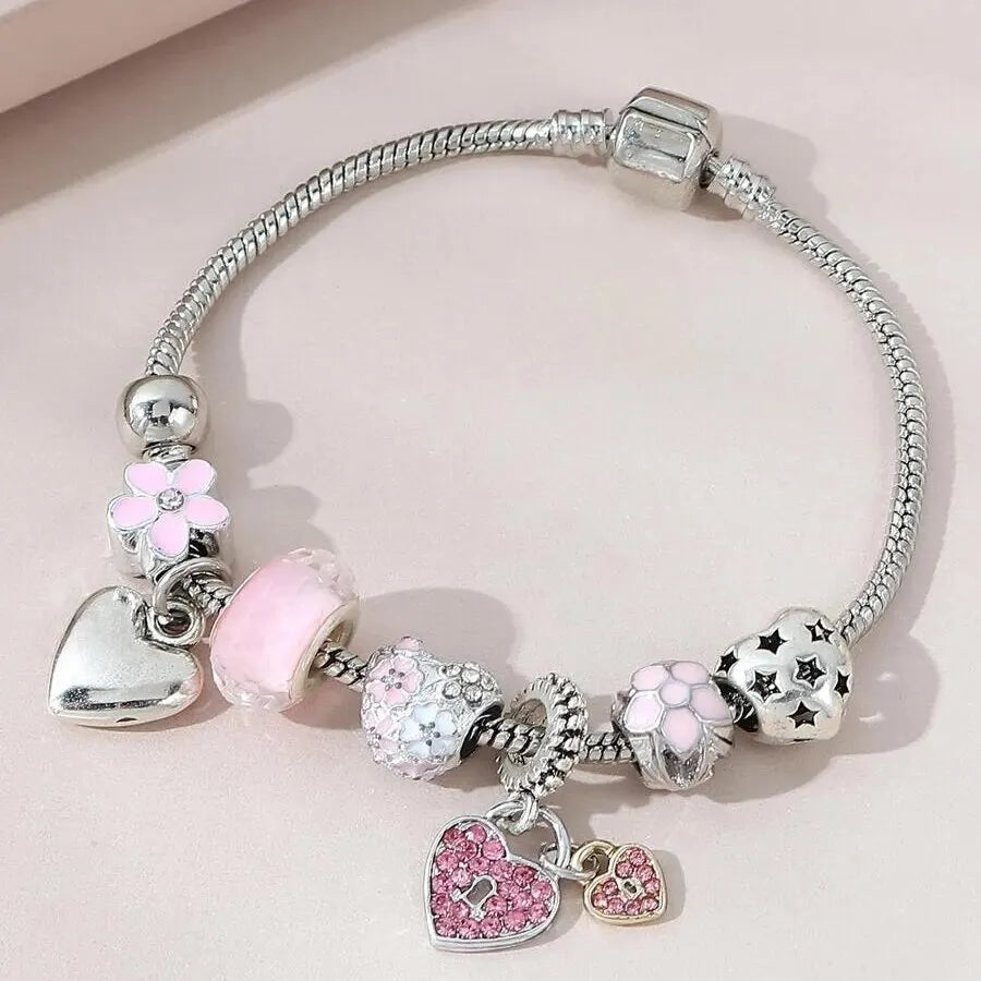 Obega Love Heart Flower Glass Pendant Charm Bracelet – Adjustable Pink & White Crystal Stone Bead Bracelet in Silver/Gold