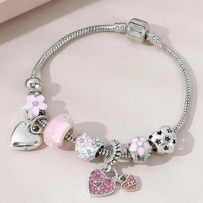 Obega Love Heart Flower Glass Pendant Charm Bracelet – Adjustable Pink & White Crystal Stone Bead Bracelet in Silver/Gold