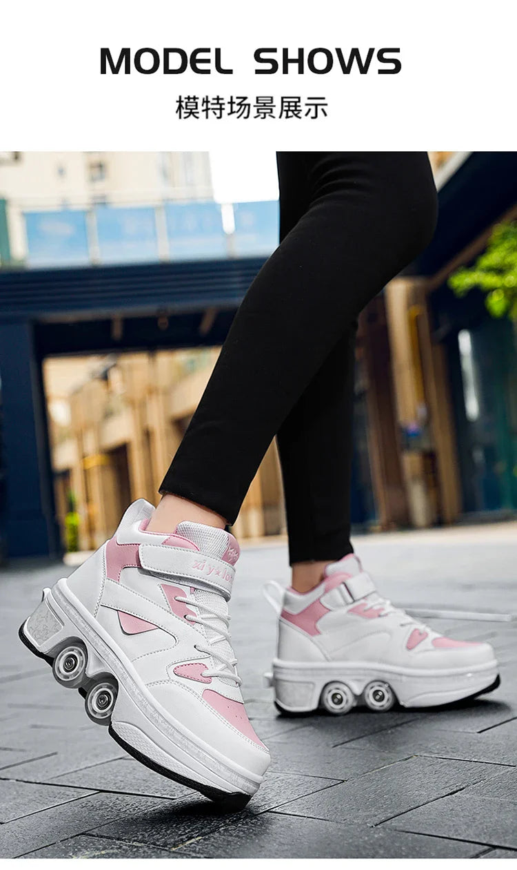 Women's High-Top 4-Wheel Roller Shoes – Fashionable Unisex Pop-Up Sneakers with Wheels, Dual-Purpose Skating & Casual Shoes
