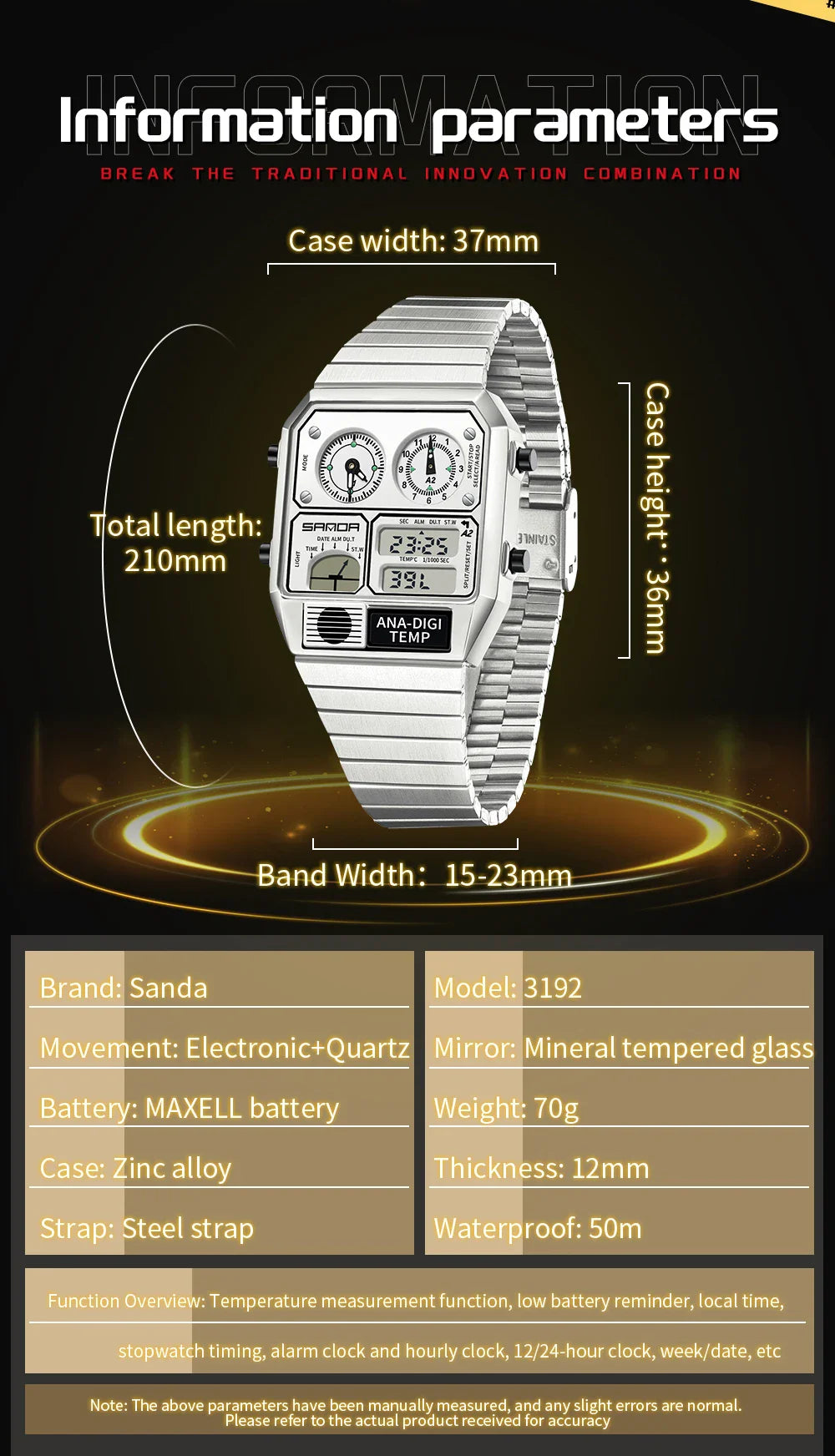 SANDA 3192 Men’s LED Square Watch — Youth Casual Multi-Function Stopwatch Thermometer Chronograph