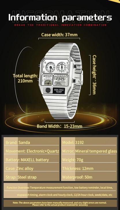 SANDA 3192 Men’s LED Square Watch — Youth Casual Multi-Function Stopwatch Thermometer Chronograph