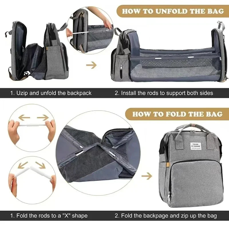 Foldable Bed Diaper Bag with Changing Station - Insulated Pocket, Large Capacity, Multifunctional Double Shoulder Mommy Bag