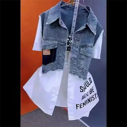 Women’s Denim Jacket – 2025 Casual Fashion, Fake Two Denim Shirts with Striped Stitching, Spring & Autumn Coat
