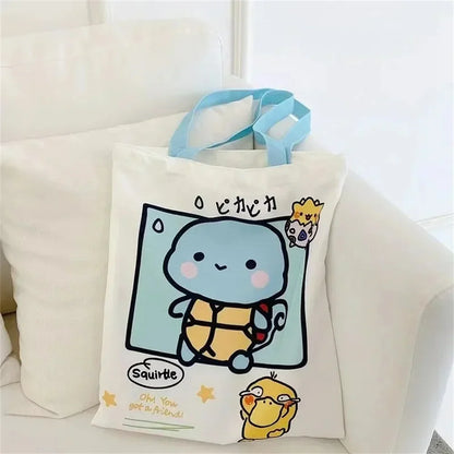 Anime Pokémon Canvas Shoulder Bag – Pikachu, Psyduck, Squirtle Casual Handbag for Women, Reusable Large Shopping Tote