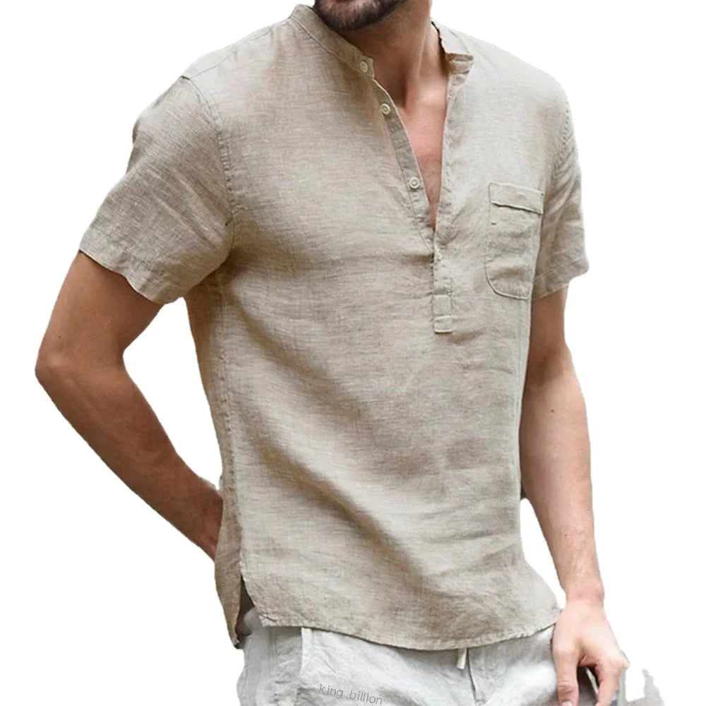 Men’s Summer Cotton Linen Short Sleeve T-Shirt Breathable Casual Loose Fit LED Style Tee Shirt S-3XL Comfort Wear