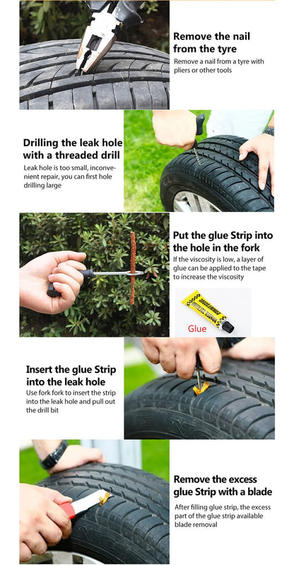 Car & Motorcycle Tire Repair Kit – Tubeless Tyre Puncture Plug Set with Rubber Strips for Truck & Vacuum Tire Repairs