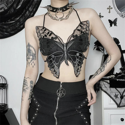 Women’s Butterfly Lace Camisole Crop Top – Spaghetti Strap Slim Fit See-Through Summer Bralette with Front Slit Low Cut Design