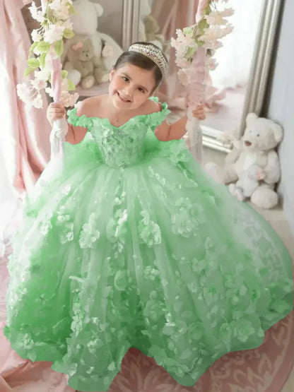 Pink Flower Girl Dress - 3D Floral Applique Pearl Tulle Gown for Weddings & Parties