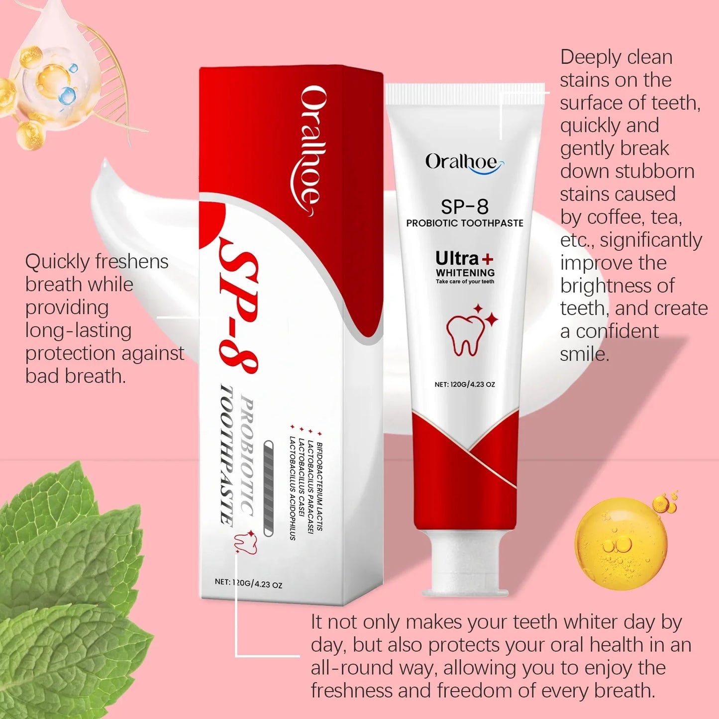 Probiotic Mint Toothpaste | Fresh Breath, Plaque & Stain Removal, Teeth Brightening for Smokers