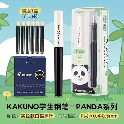 PILOT Kakuno Panda Limited Edition Smiley Fountain Pen – Fine Nib with 6 Replaceable Ink Cartridges Gift Set